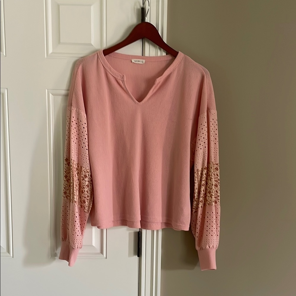 Kori Pink Long Sleeve Top with Patterned Sleeves